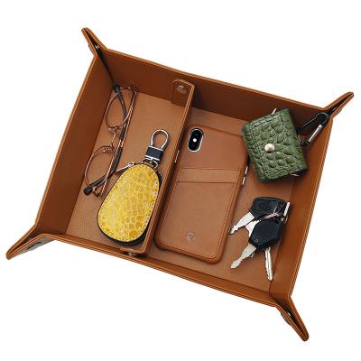 China Workable Desktop Storage Dish for Coin Phone Jewelery Wallet Vegan Leather Tote Key Valet Tray Removable Two Compartments for sale