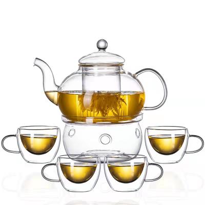 China Amazon Best Selling 600/800/1000ml Viable Glass Teapot Sets with Infuser for Loose Leaf Cup Glass Warmer and Wooden Tray Gas Stovetop Safe for sale