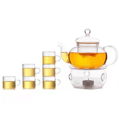 China Sustainable Glass 27oz Teapot Set Safe Stovetop Tea Infuser Maker with Candle Warmer and 6 Double Wall Teacups, Blooming and Loose Leaf Teapot for sale