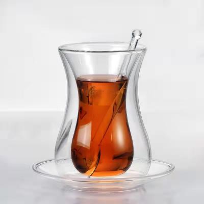 China Double Wall Sustainable Traditional Turkish Tea Glass Cups - Insulated Insulated Glass Coffee Cup With Saucer And Spoon for sale