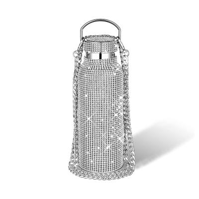 China Amazon Diamond Water Bottle Bling Rhinestone Top Selling PORTABLE Stainless Steel Heat Insulated Water Bottle With Chain for sale