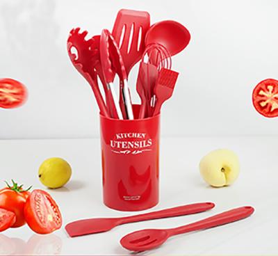 China Sustainable Heat Resistant 10pcs Utensil Set Red Color Silicone Kitchen Utensils Nonstick Cooking Set for sale