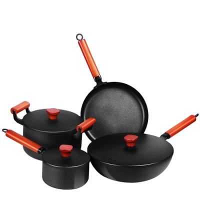 China Sustainable Cast Iron Stick Cookware Non Sets Kitchenware with Soup Pot Milk Pot Frying Pan and Wok Pan for sale