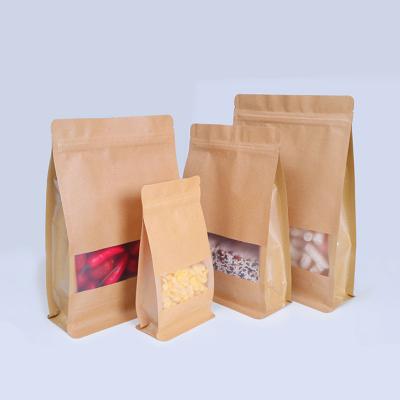 China Moisture Proof Kraft Paper Stand Up Pouches Bakery Bags With Window Craft Paper Bags Zip Lock Zipper Brown Window Food Pouches Cookie Bags for sale