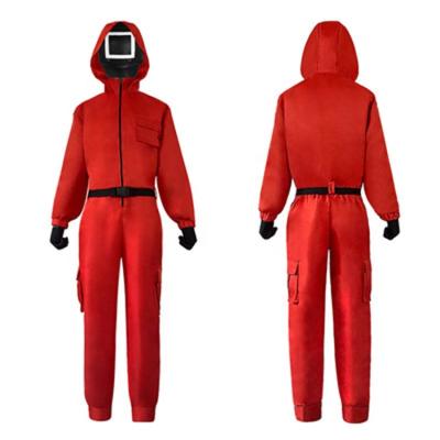 China New squid cosplay cartoon costume red jumpsuits mask set hoodie squid game action numbers squid game cosplay costume for sale