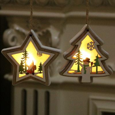 China Wooden+Light Christmas Outdoor Decorations Luminous Wood Pendants with Non-Solar Lights Tree Pendants for sale