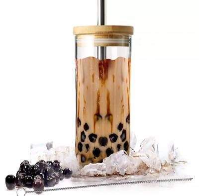 China Sustainable Reusable Glass Bubble Tea Tumbler With Bamboo Lid And Reusable Wide Straw Boba Cups Glass Bottle for sale