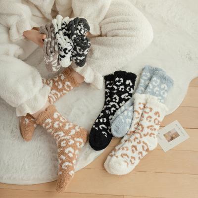 China Fashionable Woolen Winter Thermal Indoor Floor Socks Thick Comfy Elastic Coral Fleece Socks Fluffy Leopard Print Non Slip Socks For Women for sale