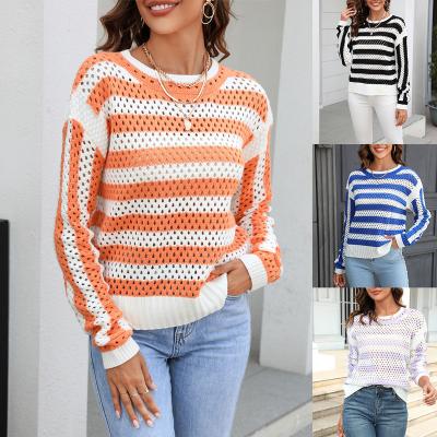 China 2023 New Design Anti-wrinkle Striped Print O Neck Hollow Out Sweater Women Knitwear Clothing Casual Pullover Top for sale