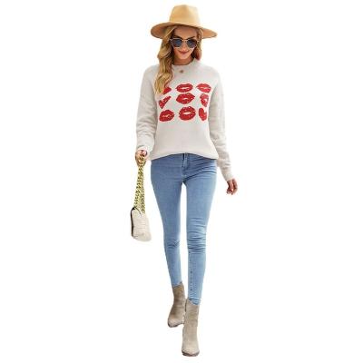 China 2023 Factory Price New Style Anti-wrinkle Women's Red Lips Heart Print Pullover Sweaters Valentine's Day Pink Sweater for sale