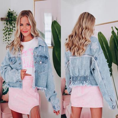 China 2023 Hot Selling Vintage Jean Star Jacket For Women Anti-wrinkle Women Sequin Cropped Rhinestone Fringe Denim Jacket Coat for sale