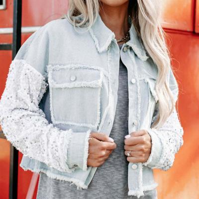 China New fashionable wholesale sequin patchwork women soft casual short jacket Anti-wrinkle use rough edge women denim jacket for sale