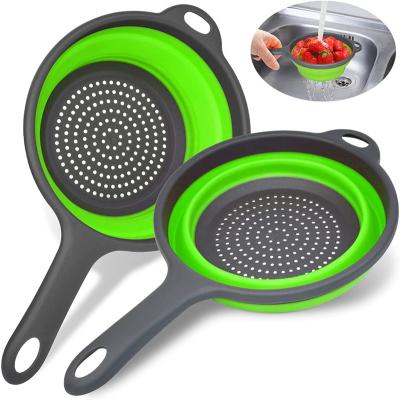 China Viable Collapsible Colander Strainer With Extendable Handle Strainer Colanders Set Round Silicone Kitchen Strainer For Draining Pasta for sale