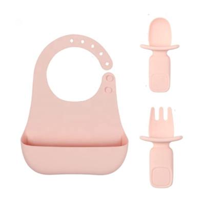 China Made from 100% BPA Free Silicone Baby Food Grade Soft Adjustable Waterproof Bib with Spoon Fork Feeding Bibs with Food Catcher for Babies and Toddlers for sale