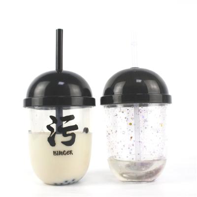 China 6052 Double Wall Straw 12oz Plastic Cups Double Bead Bubble Tea Cute Egg Cup Can Be Insert Support Logo Custom for sale