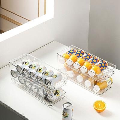 China Rolling 2-Tier Fridge Organizer Bins Soda Can Viable Beverage Bottle Holder For Fridge Kitchen Storage Rack Plastic Container for sale