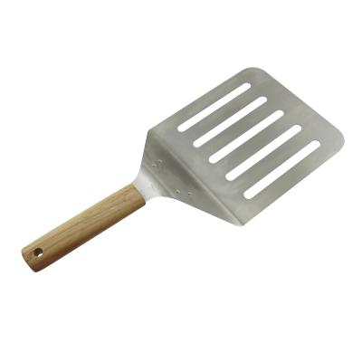 China Sustainable High Quality Household Stainless Steel Pizza Slotted Spatula Turner With Rubber Wooden Handle for sale