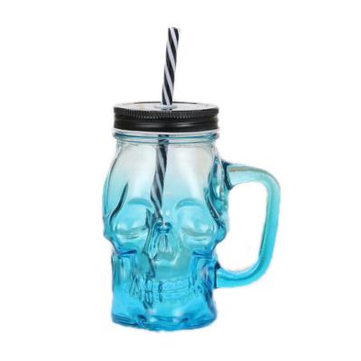 China Wholesale Skull Wide Shape Beverage Glass Mouth Beverage Printed Simple Mason Jar With Handle And Lids for sale