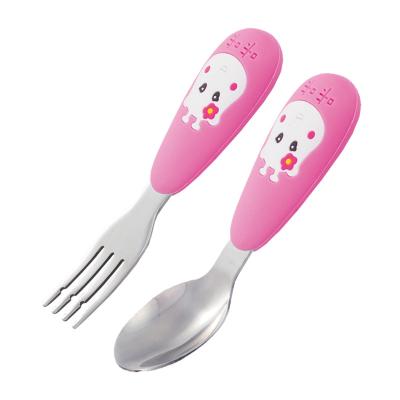 China Viable Wholesale Kids Spoon Sleeve Handle Silicone Pinkah Cutlery and Fork Stainless Steel Cutlery for sale