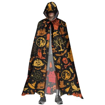 China Anti-Wrinkle Wholesale Halloween Pumpkin Hooded Coat Halloween Skull Print Hooded Full Cloak Coat for sale