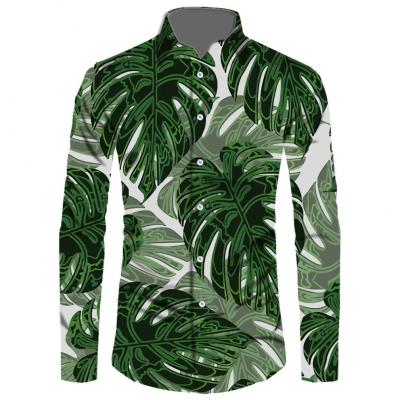 China Brand New Custom Mens Anti-Pilling Hawaii Shirt Polynesian Tribal Monstera Leaf Prints Long Sleeve Shirt Men Island Style Buttons Shirt Green for sale