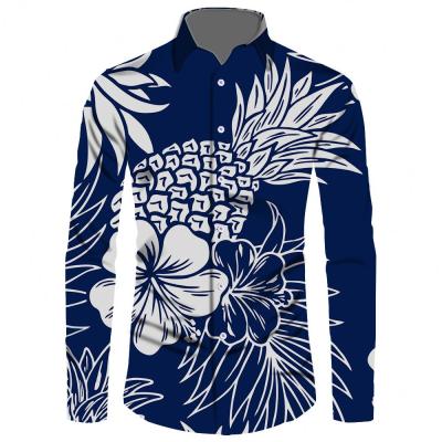 China Premium Custom Polynesian Anti-Pilling Tribal Blue Background With Pineapple Hibiscus Print Mens Long Sleeve Shirt Island HawaiiHawaii Shirt for sale