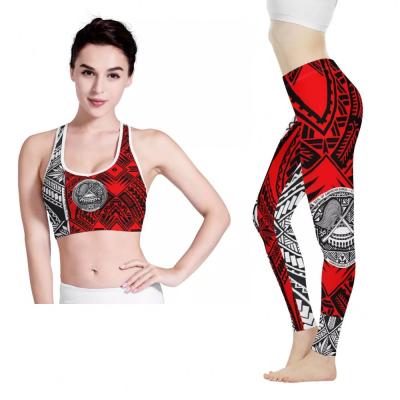 China Breathable Polynesian Tribal Print Women Yoga Gym Sets Fitness Sports Gym Clothing Short Shirt Bra Yoga Pants Sport Fitness Yoga Running Wear for sale