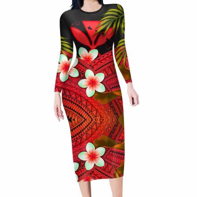 China Viable Red Plumeria Flower Hawaii Kanaka Maoli Floral Print Dresses Women Long Sleeve O-Neck Bodycon Maxi Evening Fall Dress for sale