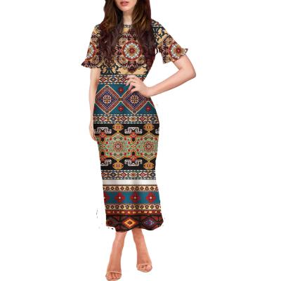 China Breathable Women's Short Sleeve Dresses 2021 Ladies Purple Polynesian Tribal Printed Fabric Bodycon Maxi Dresses Women Casual Clothing for sale