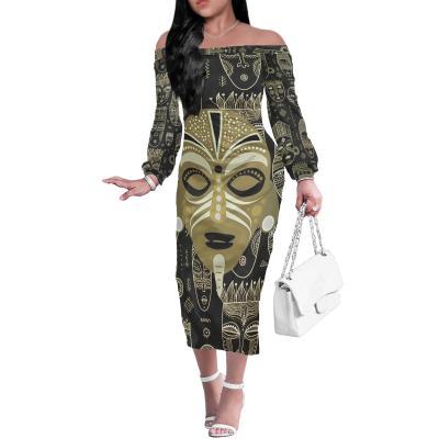 China Newest Design 1MOQ Polynesia Wholesale Style Anti-Static Mask Custom Logo Print Female Elegant Dress Long Sleeve Off Shoulder Dress for sale