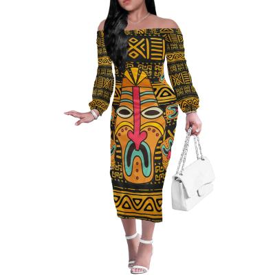 China 2021 New Arrivals Design Polynesian Tribal Women's Club Dress One Shoulder Anti-Static Clothes Polynesian Totem Mask Tribal Tattoo Dress for sale