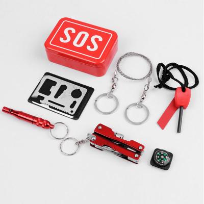 China Metal Emergency Camping Box Self-Reliance SOS Survival Kit Equipment For Camping Hiking Saw Whistle Compass Tools for sale