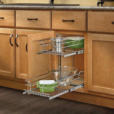 China Amazon Hot Kitchen Organizer Standing Type Stainless Steel Pull Out Wire Drawer Two Tier Basket For Buffet for sale