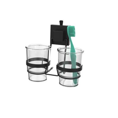 China Durable Adjustable Matt Black Bathroom Twin Tumbler Drink Toothbrush Holder With Two Cups for sale