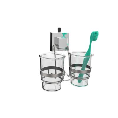 China Durable Wall Mounted Glass Toothbrush Cup Holder Double Drinks Suction Tumbler Holder With Glass Mugs for sale