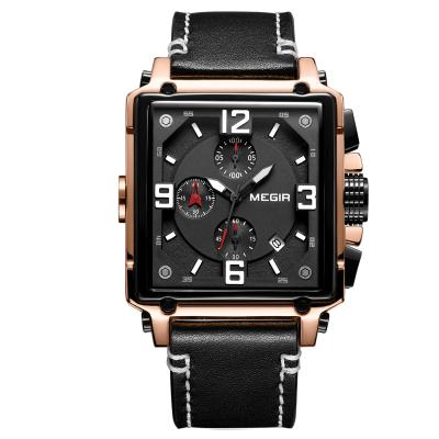 China Automatic Date MEGIR 2061 Top 10 Brands Mens Quartz Watch Leather Strap Chronograph Square Wristwatch Water Resist Sports Reloj Watch for sale