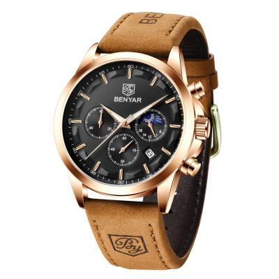 China Wholesale BENYAR 5160 Automatic Date Chinese Gold Brand OEM Men Sport Chronograph Waterproof Clock Men Watches Quartz Leather Wristwatch for sale