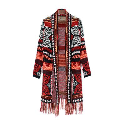 China CaiNan Anti-Wrinkle Retro Long Sleeve Fringe Women Knitted Western Cardigan Sweater Aztec Thick Colorful Cardigan Sweater for sale