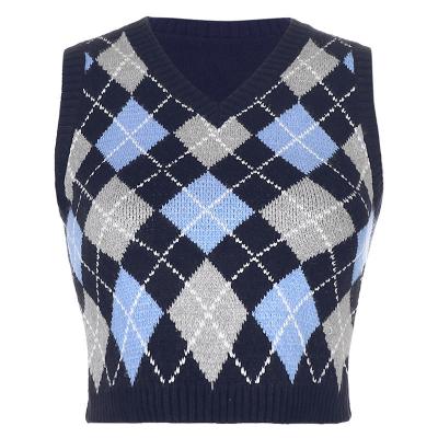 China CaiNan Custom Trendy Anti-wrinkle V-Neck Vintage Argyle Sweater Vest Women Sleeveless Plaid Knitted Culture Blouse Sweaters Invest for sale