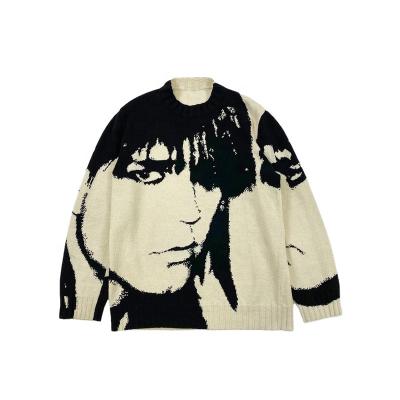 China Anti-wrinkle CaiNan custom cotton Japanese vintage street portrait jacquard printed knitted men's sweaters crew neck knitwear men for sale