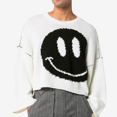 China custom oversized cropped CaiNan logo 100% virgin wool men sweater Anti-wrinkle knitted sweater designer smiley intarsia knit sweater men for sale