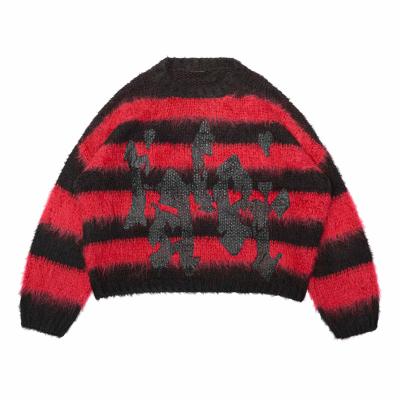 China Anti-wrinkle CaiNan custom mohair sweater unisex knitted oversized stripe silkscreen graphic streetwear sweater gothic fuzzy mohair sweater for sale