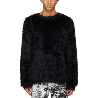 China Anti-wrinkle CaiNan Custom Imitation Marten Hair Black Crew neck Sweater 100% Polyamide Shag Knit Nylon Fluffy Furry Sweater for sale