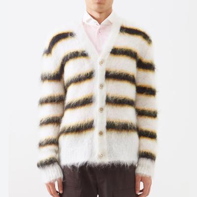 China Anti-wrinkle CaiNan Custom Oem & Odm Sweaters Men Mohair Fuzzy Knitwear Long Sleeve Knit Winter Striped Mohair Cardigan Sweater Men for sale