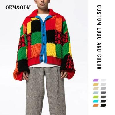 China Anti-wrinkle CaiNan knitted factory custom long sleeves button color block Patchwork cardigan sweater hea heavyweight harry style cardigan for sale