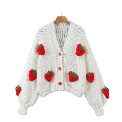 China Anti-wrinkle CaiNan Custom Handmade Strawberry Sweater Cardigan Cropped Sweater Puff Sleeve Crochet Cardigan Women for sale