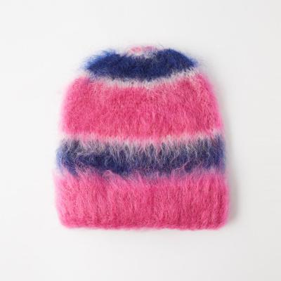 China COMMON CaiNan Custom Jacquard Logo Knit Winter Color Block Stripe Fluffy Beanie Warm Fuzzy Knit Winter Hat Mohair Beanie for sale