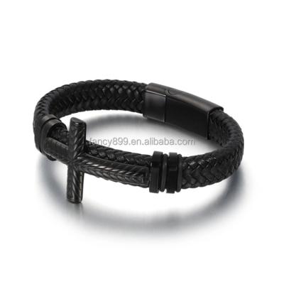 China Fashion Jewelry Stainless Steel Environmental Friendly Cross And Leather Bracelets With Cross Bracelets Hot Trendy Genuine Leather Men for sale