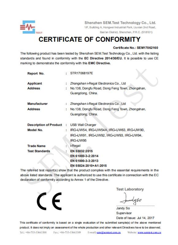 CE - Zhongshan I-Regal Electronics Co., Ltd.