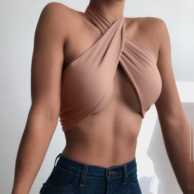 China Sleeveless QUICK DRY Halter Tie Up Bandage Stretchy Tanks 2021 Spring Summer Female Stylish Crop Streetwear Top Apparel for sale